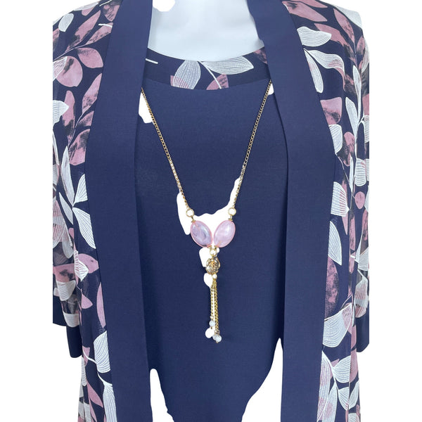 R&M Richards Navy Sleeveless Sheath Dress With Pink/White Cardigan Sz 16 W