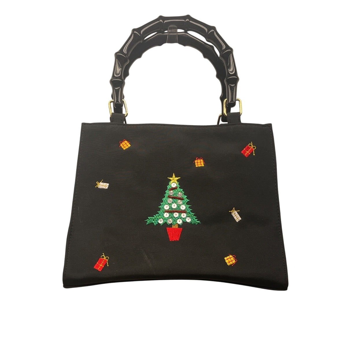 Tianni Women’s Black Christmas Embroidered Gift/Tree Bamboo Handles Handbag Sz S