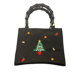 Tianni Women’s Black Christmas Embroidered Gift/Tree Bamboo Handles Handbag Sz S