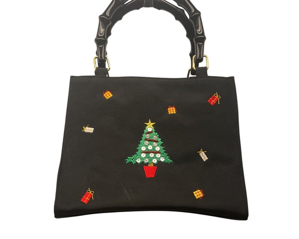 Tianni Women’s Black Christmas Embroidered Gift/Tree Bamboo Handles Handbag Sz S