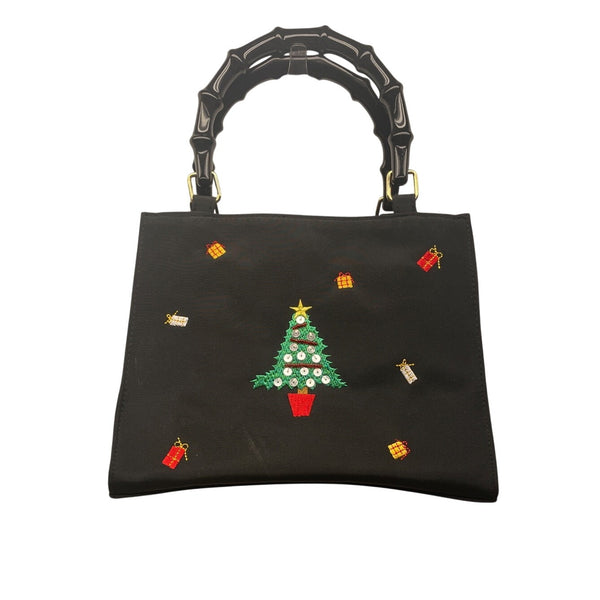 Tianni Women’s Black Christmas Embroidered Gift/Tree Bamboo Handles Handbag Sz S