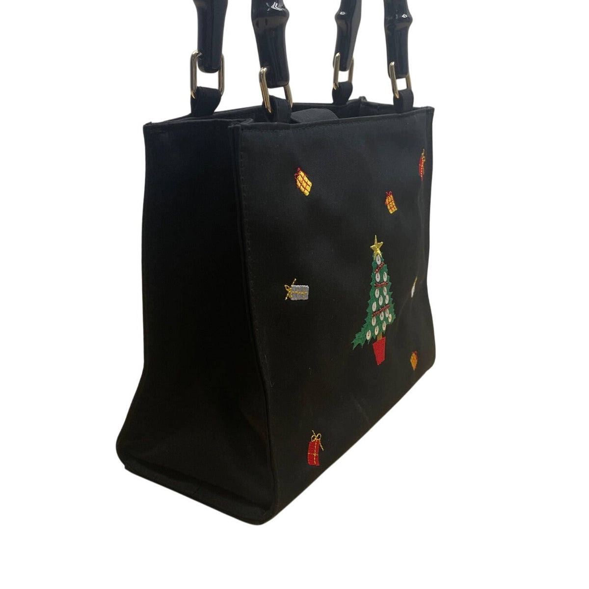 Tianni Women’s Black Christmas Embroidered Gift/Tree Bamboo Handles Handbag Sz S