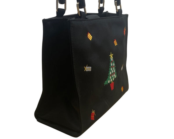 Tianni Women’s Black Christmas Embroidered Gift/Tree Bamboo Handles Handbag Sz S