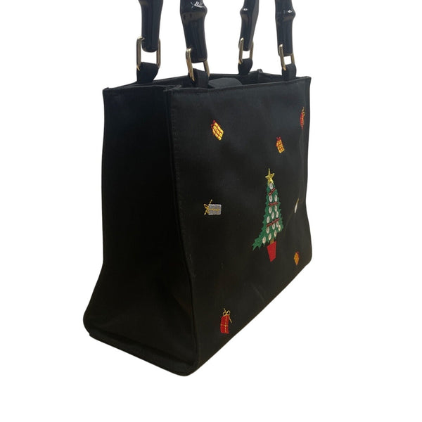 Tianni Women’s Black Christmas Embroidered Gift/Tree Bamboo Handles Handbag Sz S