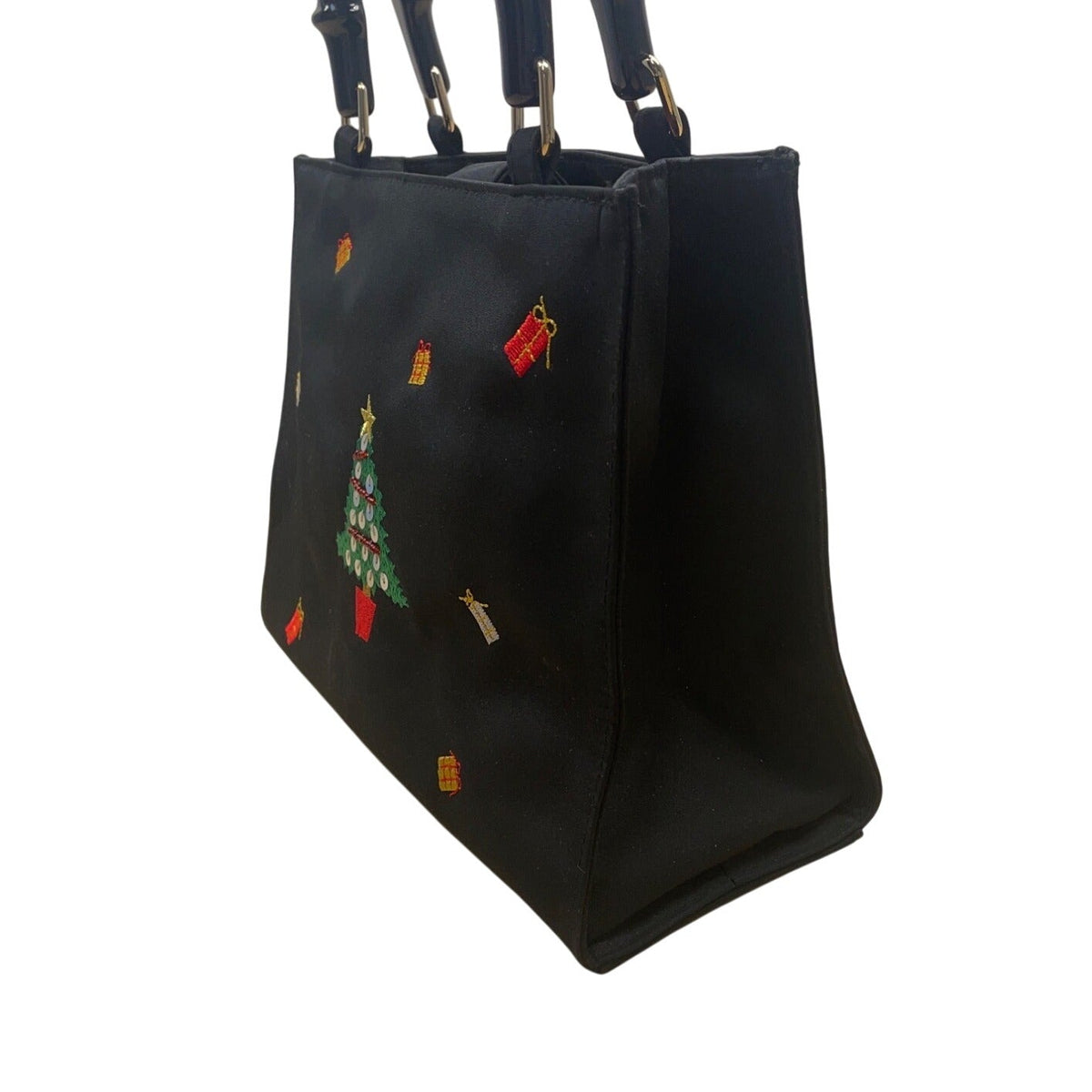 Tianni Women’s Black Christmas Embroidered Gift/Tree Bamboo Handles Handbag Sz S