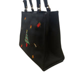 Tianni Women’s Black Christmas Embroidered Gift/Tree Bamboo Handles Handbag Sz S