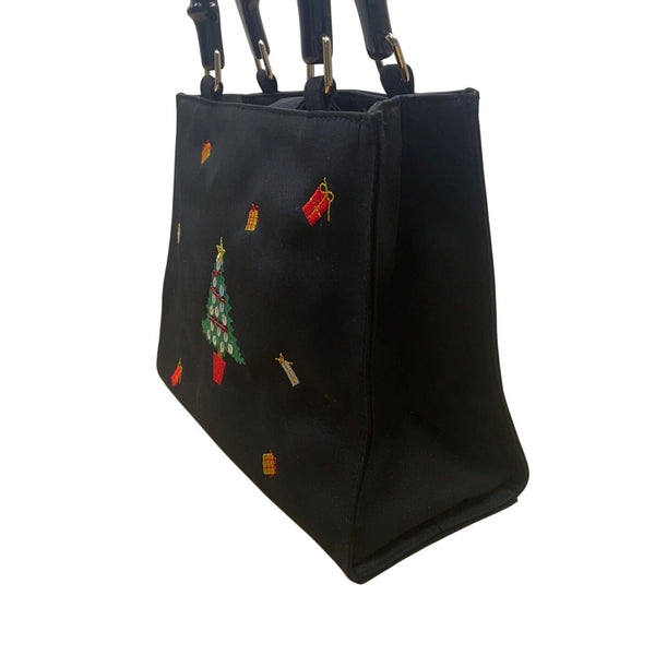 Tianni Women’s Black Christmas Embroidered Gift/Tree Bamboo Handles Handbag Sz S