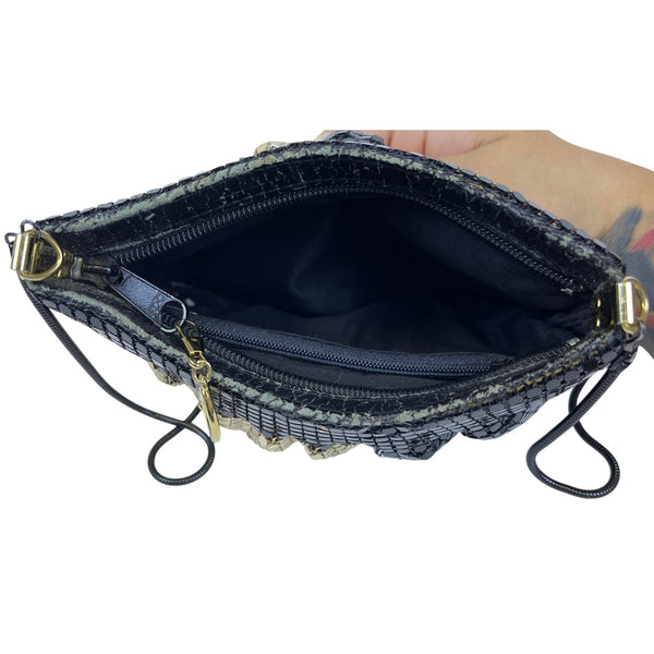 Mesh Gold & Black Womens Evening Bag Shimmer Metallic Chain Strap Small