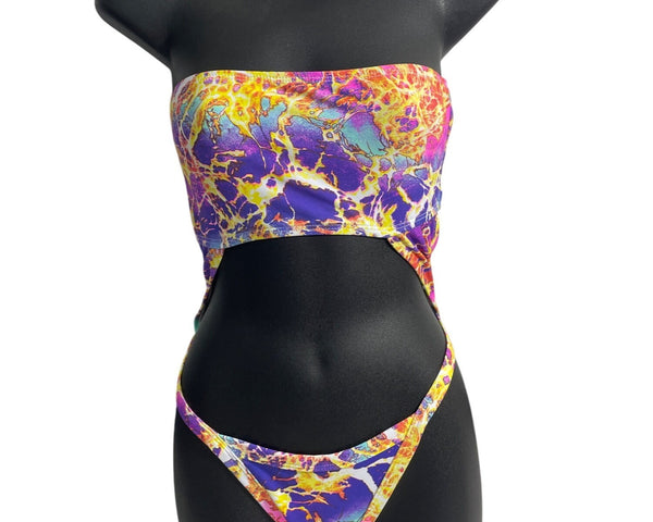HMS Multicolor Marble Print Strapless Womens Monokini Swimsuit Sz M - New