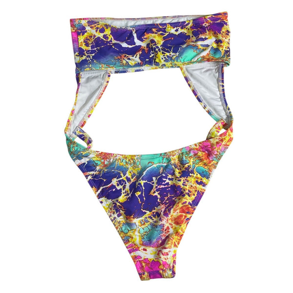 HMS Multicolor Marble Print Strapless Womens Monokini Swimsuit Sz M - New