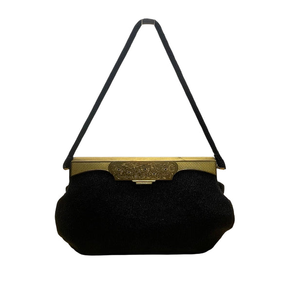 Marguerite Fressé Women’s Black Beaded Gold-Tone Floral Clasp Clutch Bag