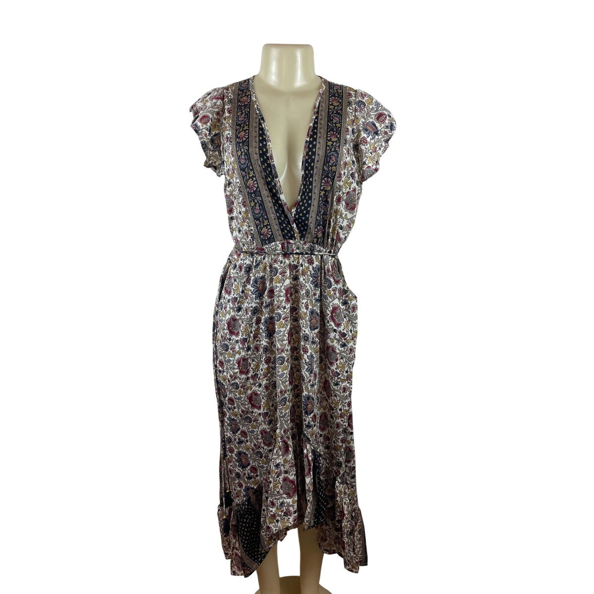 Perry Walker Womens Multicolor Floral Print Midi Dress With Tassel Sz S-M
