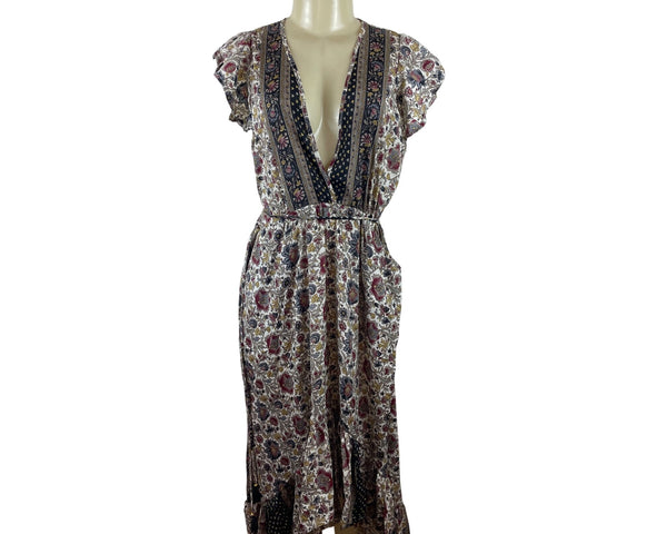 Perry Walker Womens Multicolor Floral Print Midi Dress With Tassel Sz S-M