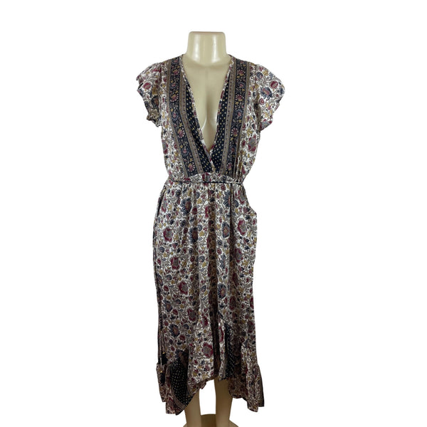 Perry Walker Womens Multicolor Floral Print Midi Dress With Tassel Sz S-M