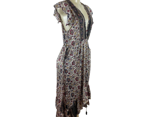 Perry Walker Womens Multicolor Floral Print Midi Dress With Tassel Sz S-M
