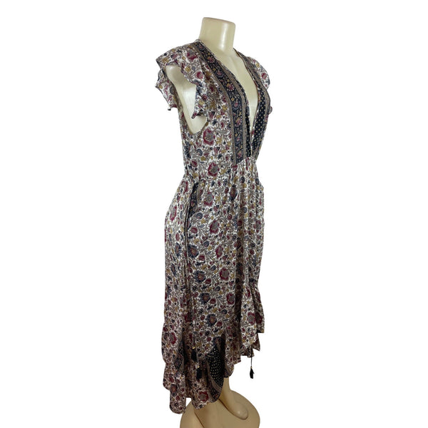 Perry Walker Womens Multicolor Floral Print Midi Dress With Tassel Sz S-M