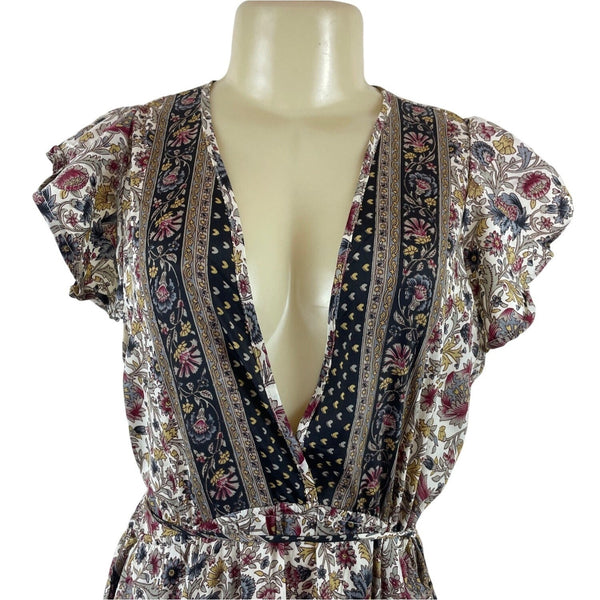 Perry Walker Womens Multicolor Floral Print Midi Dress With Tassel Sz S-M