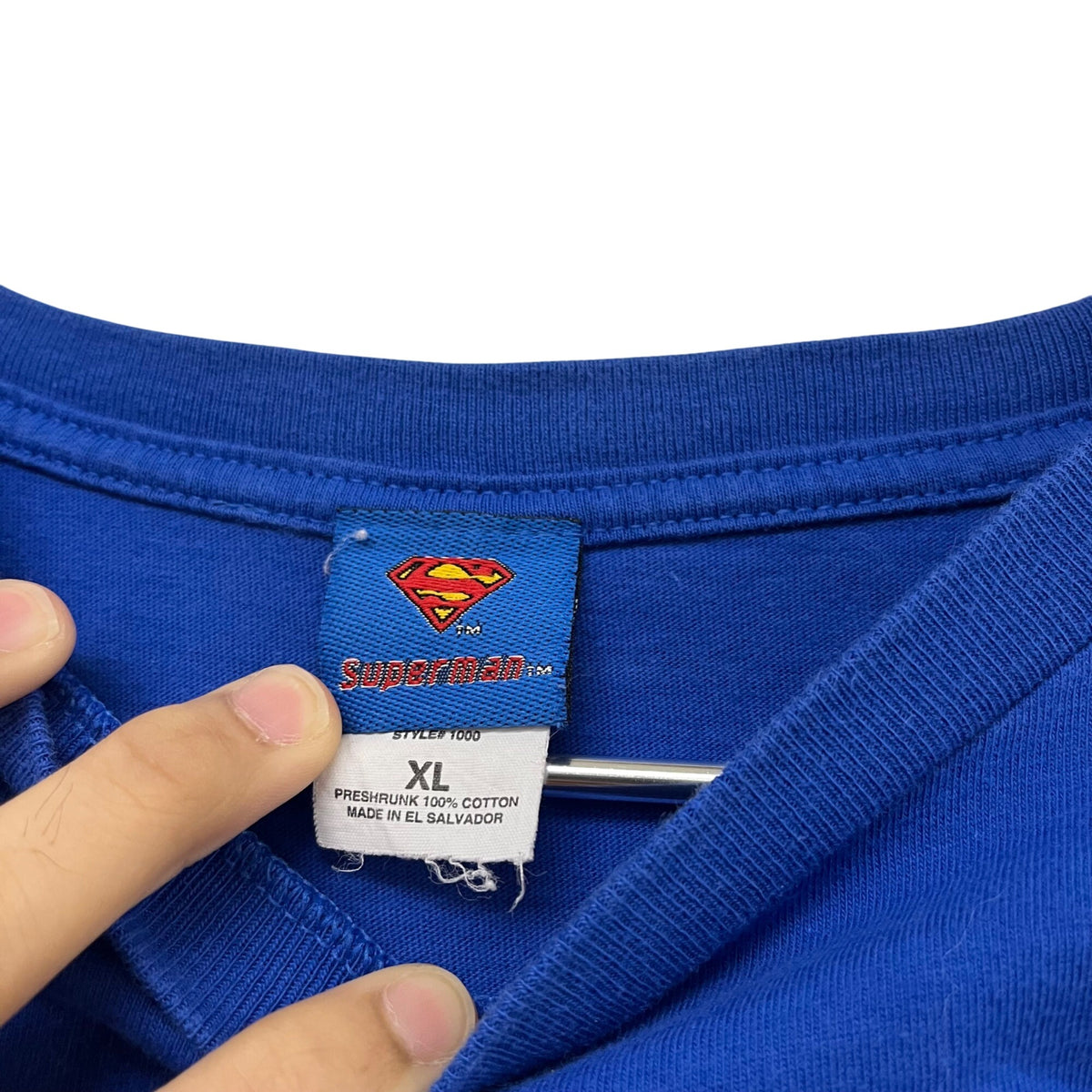 Superman Mens Blue Cotton Graphic T-Shirt XL Distressed Logo Crewneck Casual Top