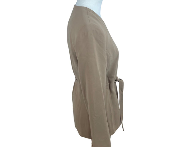 E M Beige Women's Belted Blazer Suit Jacket V Neck Long Sleeve