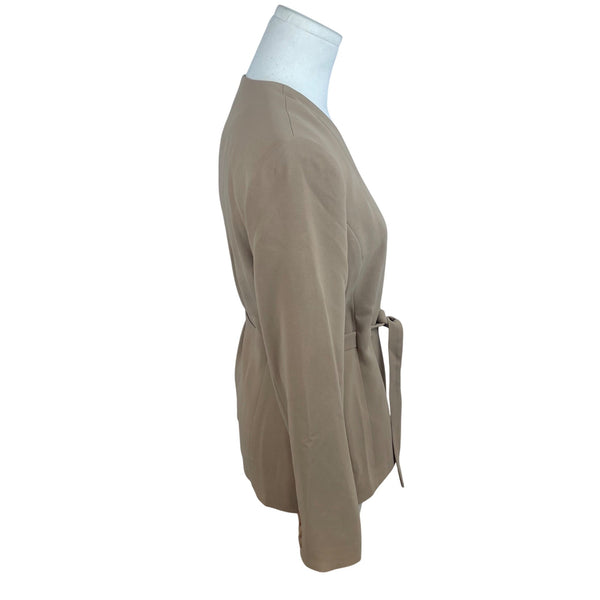 E M Beige Women's Belted Blazer Suit Jacket V Neck Long Sleeve