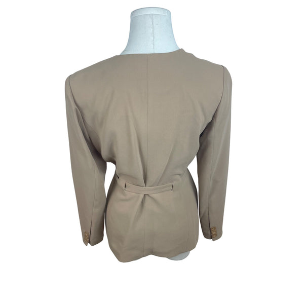E M Beige Women's Belted Blazer Suit Jacket V Neck Long Sleeve
