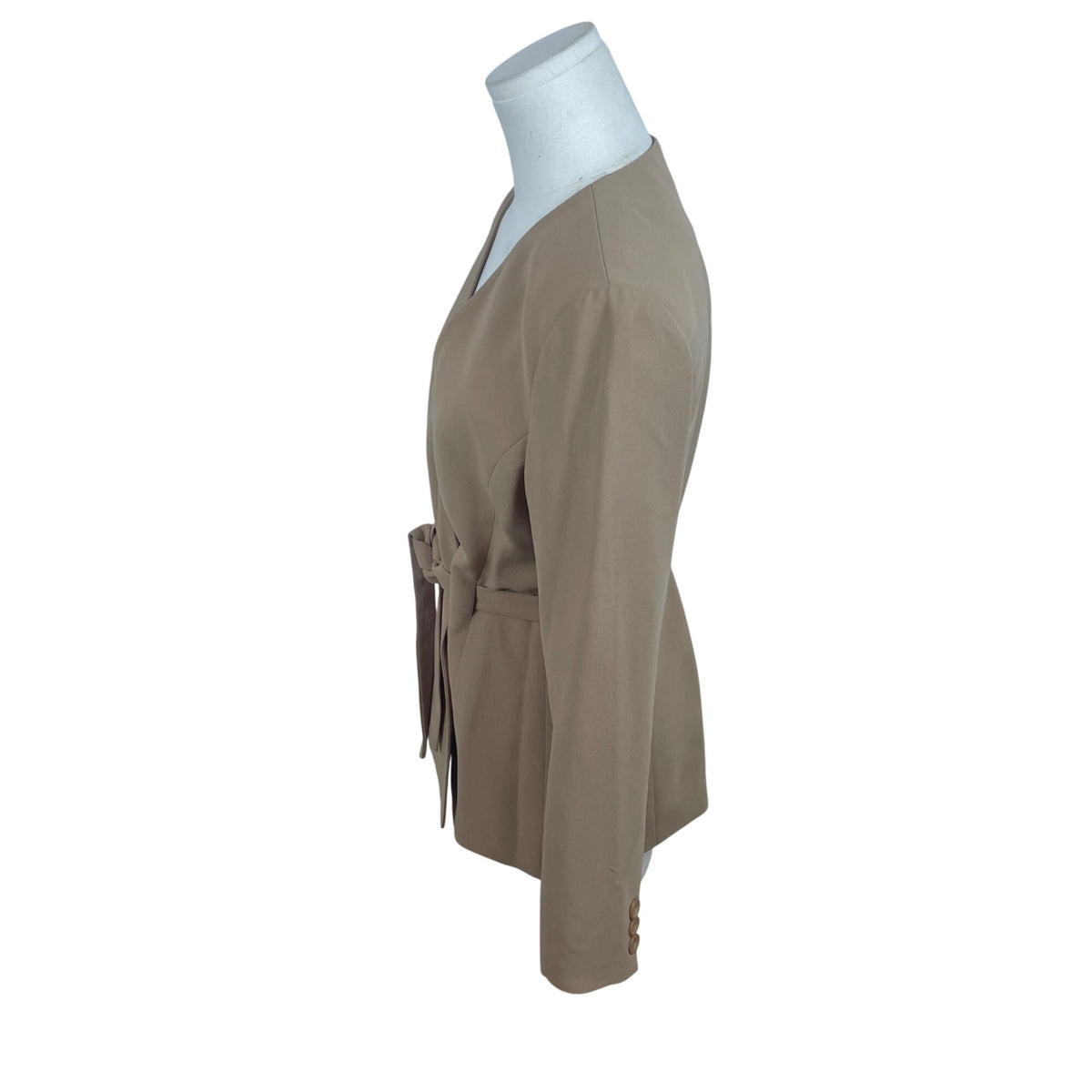 E M Beige Women's Belted Blazer Suit Jacket V Neck Long Sleeve
