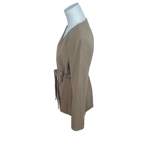 E M Beige Women's Belted Blazer Suit Jacket V Neck Long Sleeve