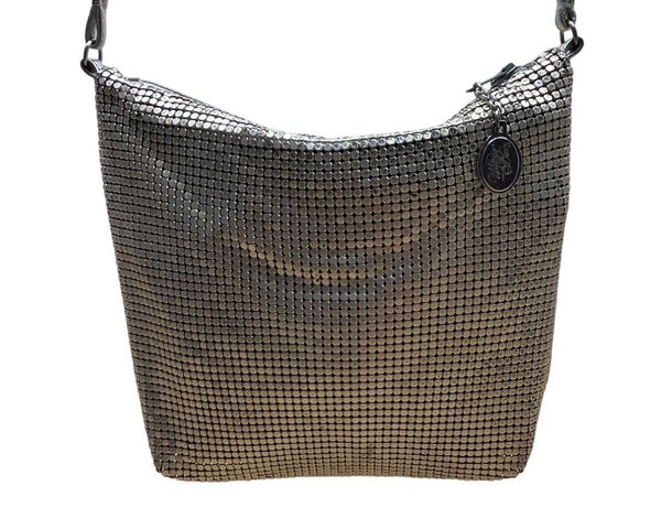 Whiting & Davis Silver Metallic Mesh Zip Closure Leather Strap Crossbody Bag