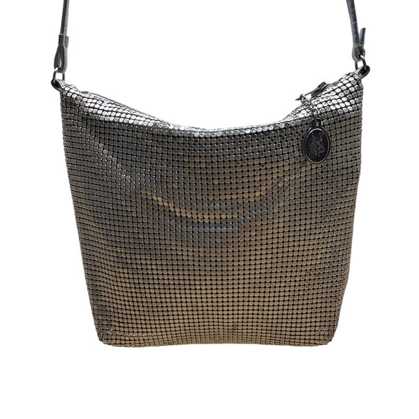 Whiting & Davis Silver Metallic Mesh Zip Closure Leather Strap Crossbody Bag