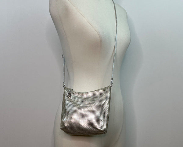 Whiting & Davis Silver Metallic Mesh Zip Closure Leather Strap Crossbody Bag