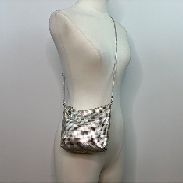 Whiting & Davis Silver Metallic Mesh Zip Closure Leather Strap Crossbody Bag