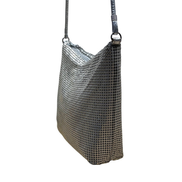 Whiting & Davis Silver Metallic Mesh Zip Closure Leather Strap Crossbody Bag
