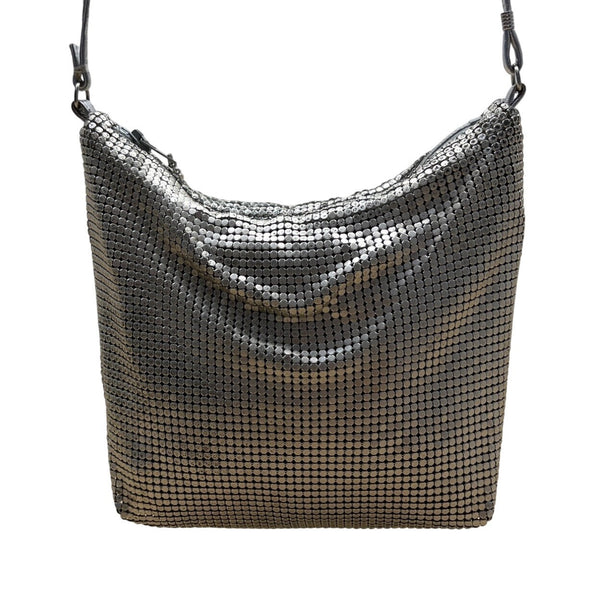 Whiting & Davis Silver Metallic Mesh Zip Closure Leather Strap Crossbody Bag