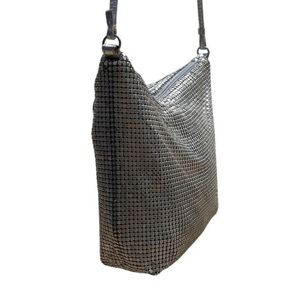 Whiting & Davis Silver Metallic Mesh Zip Closure Leather Strap Crossbody Bag