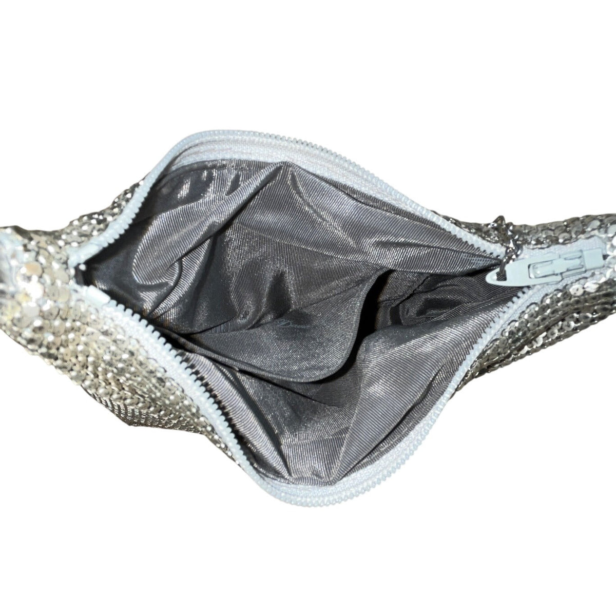 Whiting & Davis Silver Metallic Mesh Zip Closure Leather Strap Crossbody Bag