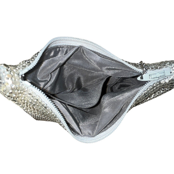 Whiting & Davis Silver Metallic Mesh Zip Closure Leather Strap Crossbody Bag