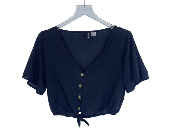 H&M Divided Womens Black Tie-Front Button Down Short Sleeve Crop Top Size M