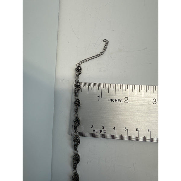 Vtg Victorian Silver Tone Necklace with Faux Pearls and Black Rhinestones 16in