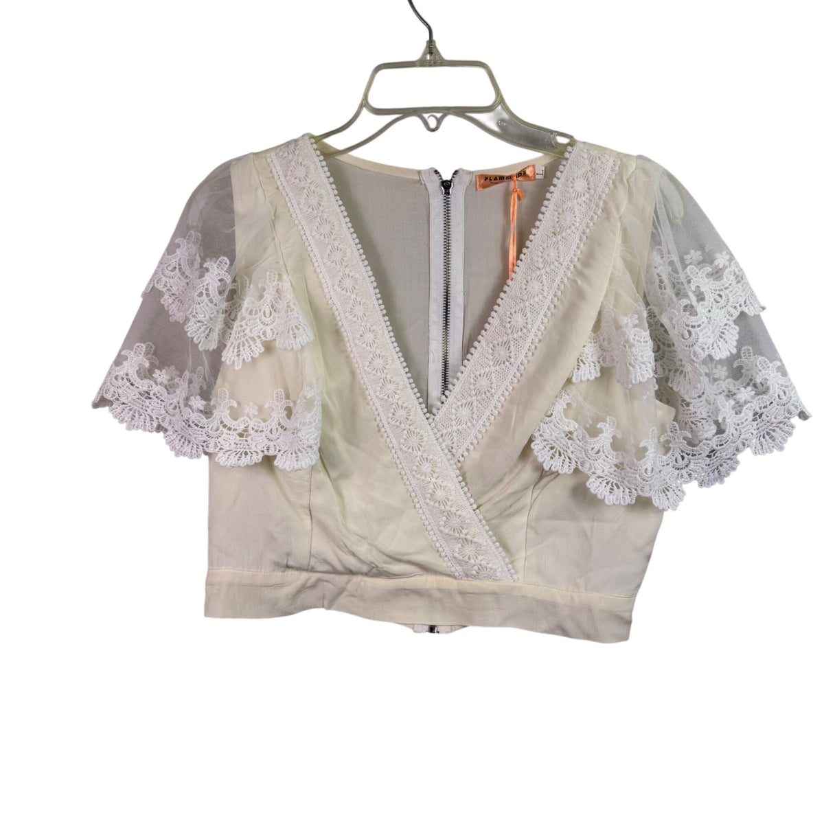 Flam Mode Womens Ivory Sheer Lace Short Sleeve Cropped Top Polyester Blend Size L