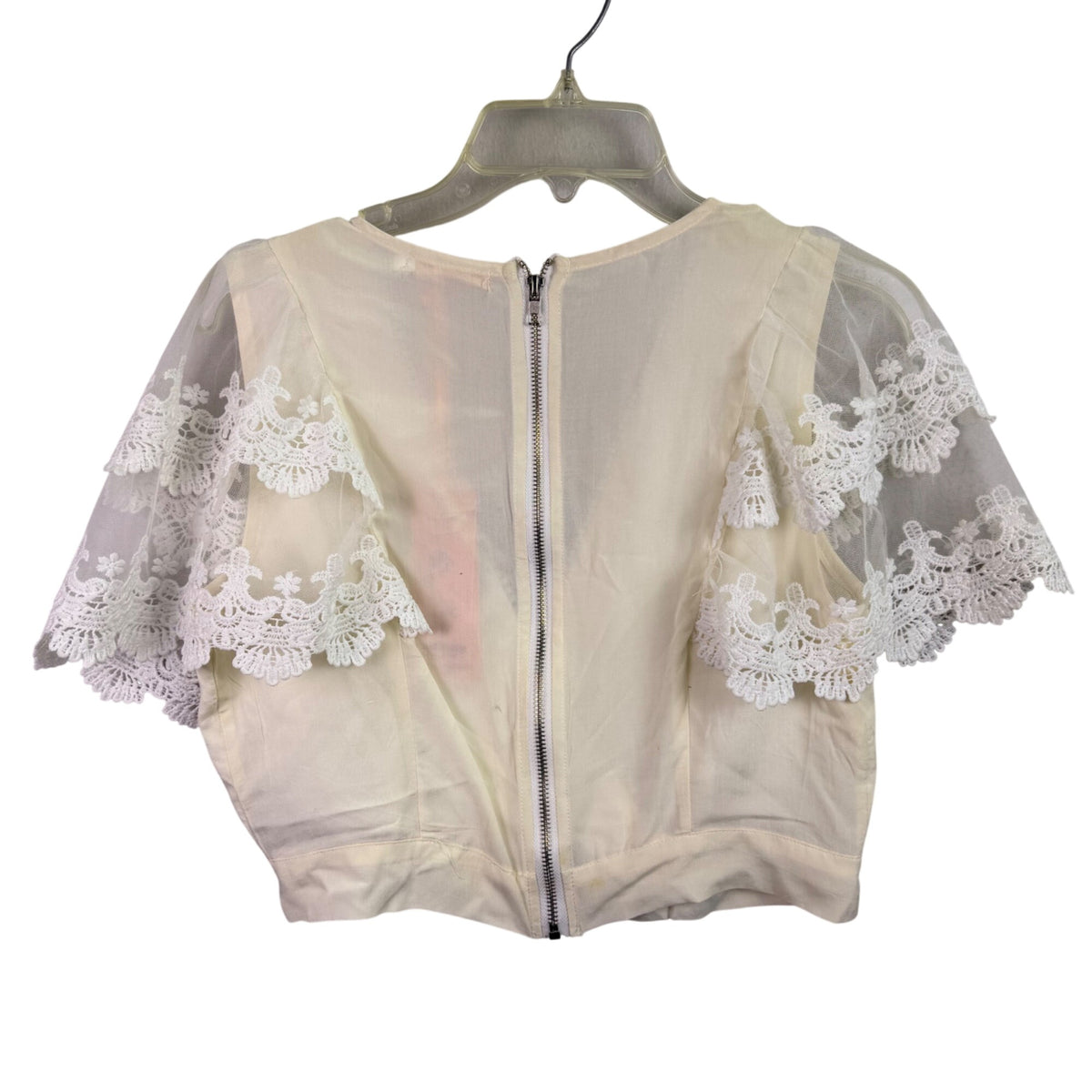Flam Mode Womens Ivory Sheer Lace Short Sleeve Cropped Top Polyester Blend Size L