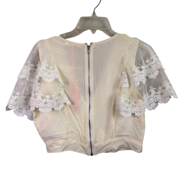 Flam Mode Womens Ivory Sheer Lace Short Sleeve Cropped Top Polyester Blend Size L