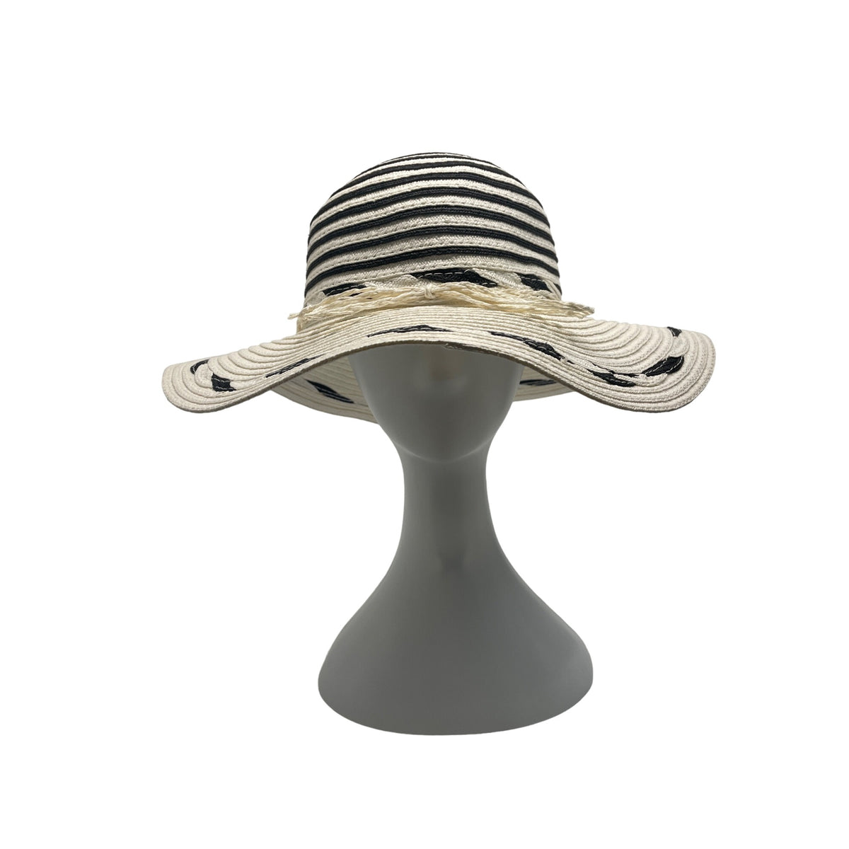 Womens Wide Brim Straw Sun Hat With Black & White Stripes - One Size