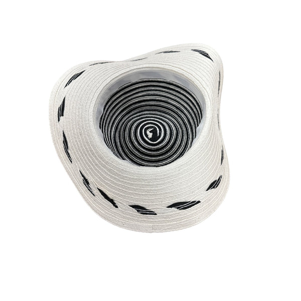 Womens Wide Brim Straw Sun Hat With Black & White Stripes - One Size