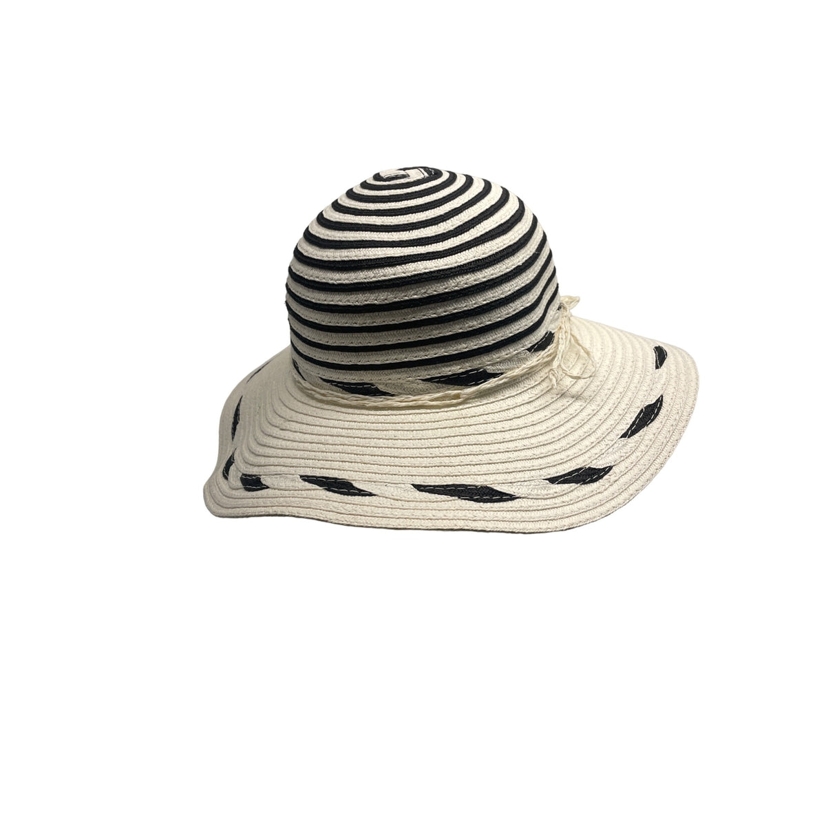 Womens Wide Brim Straw Sun Hat With Black & White Stripes - One Size