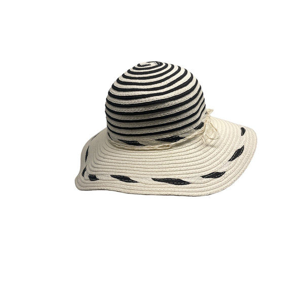 Womens Wide Brim Straw Sun Hat With Black & White Stripes - One Size
