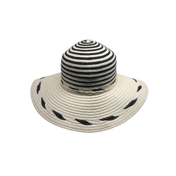 Womens Wide Brim Straw Sun Hat With Black & White Stripes - One Size