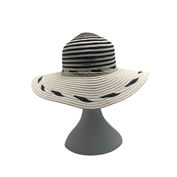 Womens Wide Brim Straw Sun Hat With Black & White Stripes - One Size