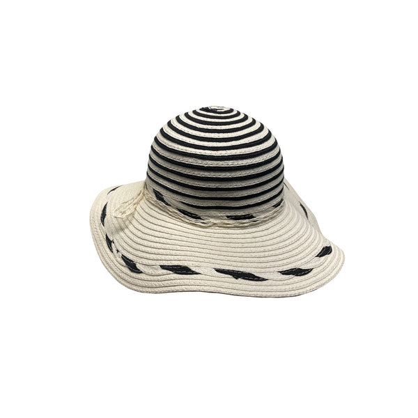 Womens Wide Brim Straw Sun Hat With Black & White Stripes - One Size