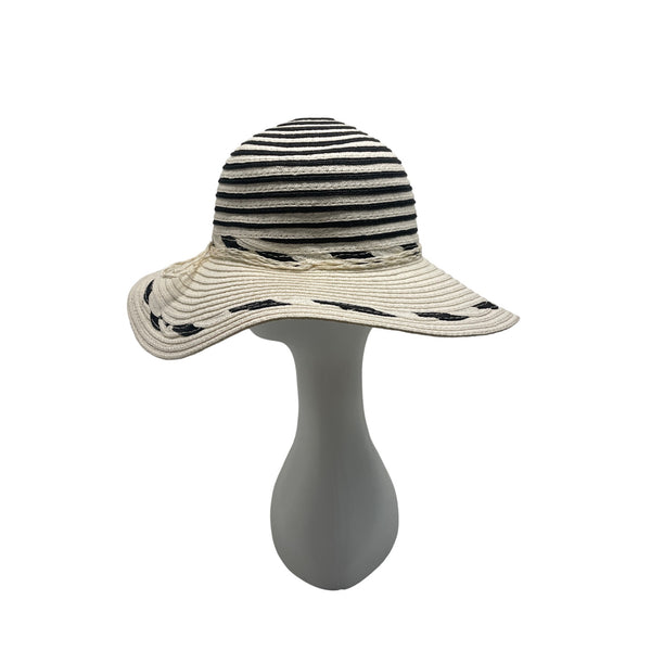 Womens Wide Brim Straw Sun Hat With Black & White Stripes - One Size