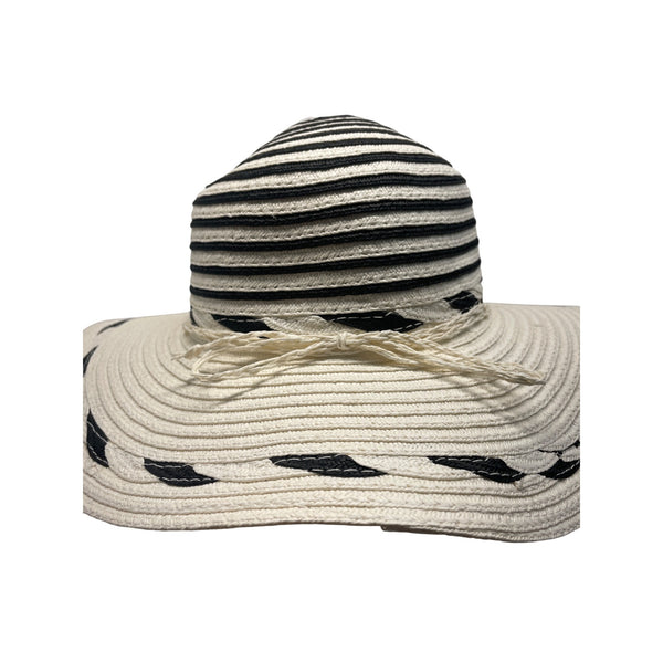 Womens Wide Brim Straw Sun Hat With Black & White Stripes - One Size